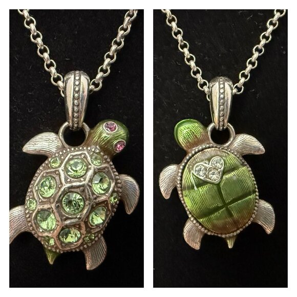 RARE Brighton Turtle Pendant Necklace Green Crystals Silver Plated Chain Adjust. - Picture 1 of 11